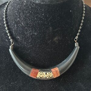 Chic Black and Gold Necklace with Wood Accents